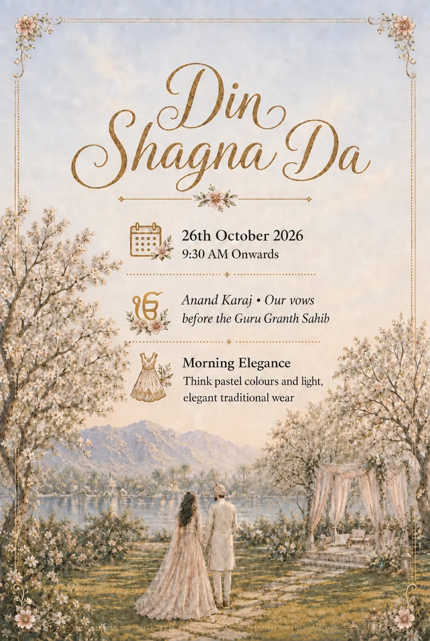 Din Shagna Da — 26th October 2026, 9:30 AM onwards. Anand Karaj, our vows before the Guru Granth Sahib. Dress code: morning elegance.