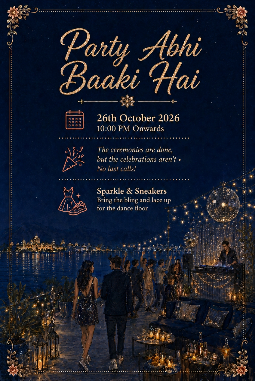 Party Abhi Baaki Hai — 26th October 2026, 10:00 PM onwards. The ceremonies are done, but the celebrations aren't. Dress code: sparkle and sneakers.