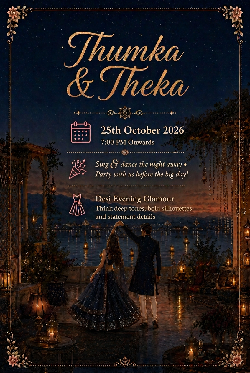 Thumka & Theka — 25th October 2026, 7:00 PM onwards. Sing and dance the night away, party with us before the big day. Dress code: desi evening glamour.