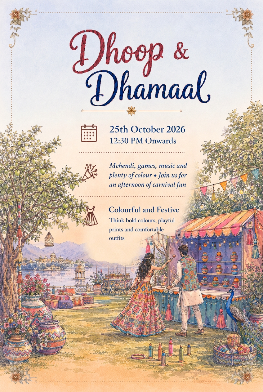 Dhoop & Dhamaal — 25th October 2026, 12:30 PM onwards. Mehendi, games, music and plenty of colour — join us for an afternoon of carnival fun. Dress code: colourful and festive.