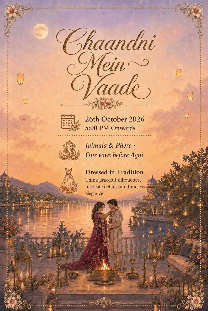 Chaandni Mein Vaade — 26th October 2026, 5:00 PM onwards. Jaimala and Phere, our vows before Agni. Dress code: dressed in tradition.